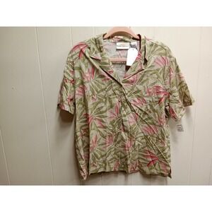 Sunbay Cottons Womens Green/Pink Palm Leaf Casual Button Down Top (Size M) Nwt